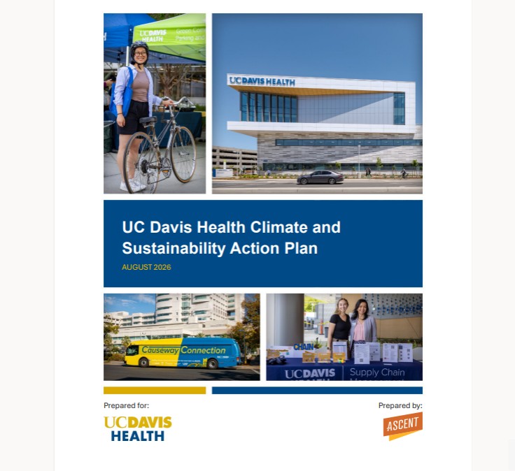 Document cover: UC Davis Health Climate and Sustainability Action Plan with photos and logos