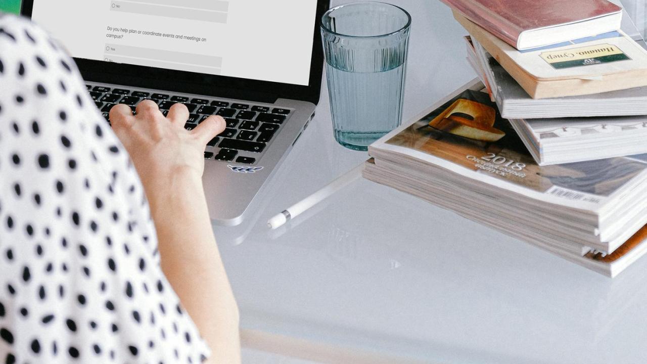 Image of a person filling out the UC Davis Sustainability Culture Survey on a laptop at a desk with their back to the camera.