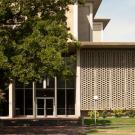 Mid-century building with decorative concrete screen, glass entrance, lawn and tree